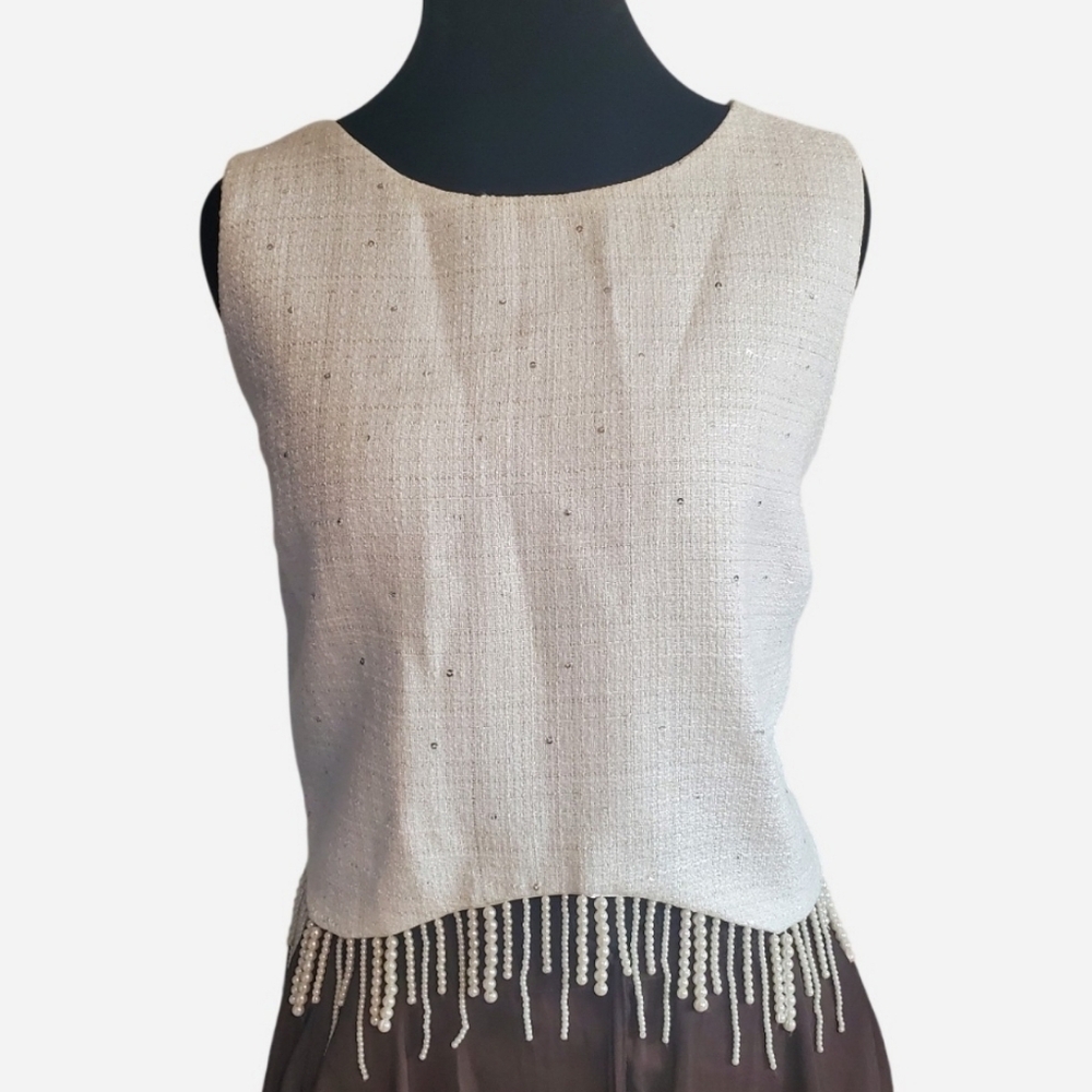 Nordstrom All in Favor Tweed Pearl Fringe Crop Top Size XL Coquette Formal Bride - Picture 3 of 10
